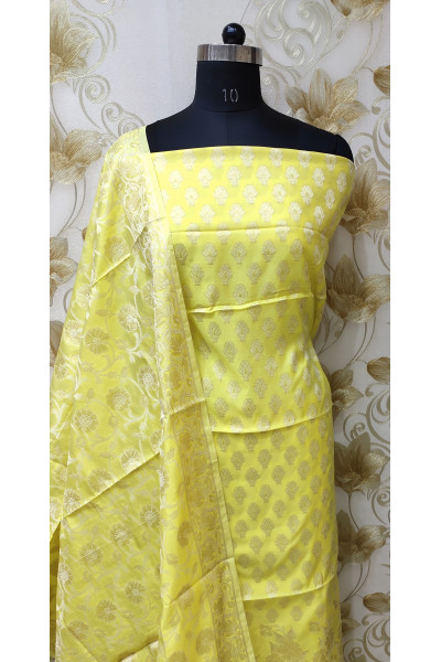 All Over Banarasi Butta Weaving Lemon Yellow Kathan Silk Suit Fabric Set (SF40)